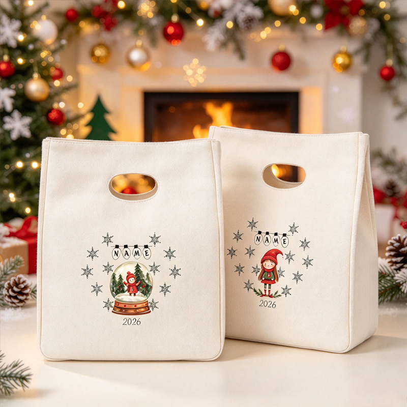 Personalized 2026 Snow Globe Elf Christmas Tote Bag, Custom Name Cutout Handle Bag, Snowflake Holiday Gift Bag, Reusable Festive Treat Pouch