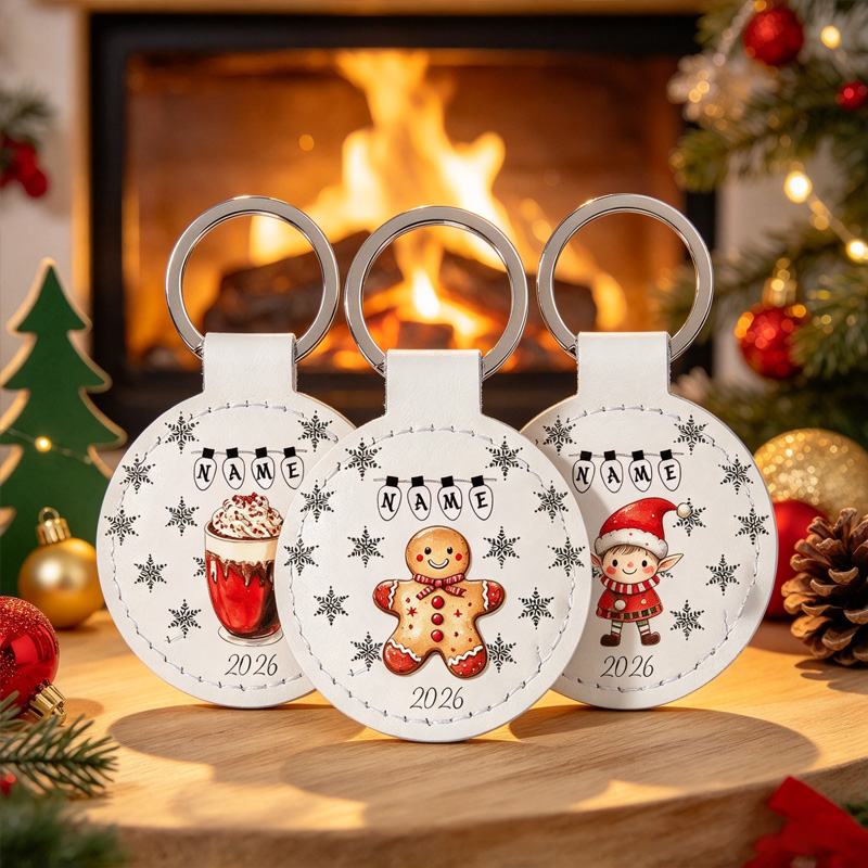 Personalized 2026 Christmas Keychain, Gingerbread Man Elf Hot Cocoa Snowflake, Custom Name Round Leather Keyring, Winter Holiday Gift Accessory