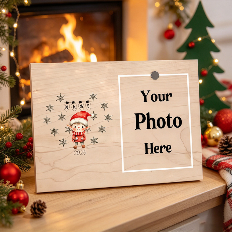 Personalized Elf Photo Frame 2026, Custom Name Christmas Wooden Photo Holder, Snowflake Elf Design, Your Photo Here, Winter Holiday Tabletop Decor, Christmas Gift