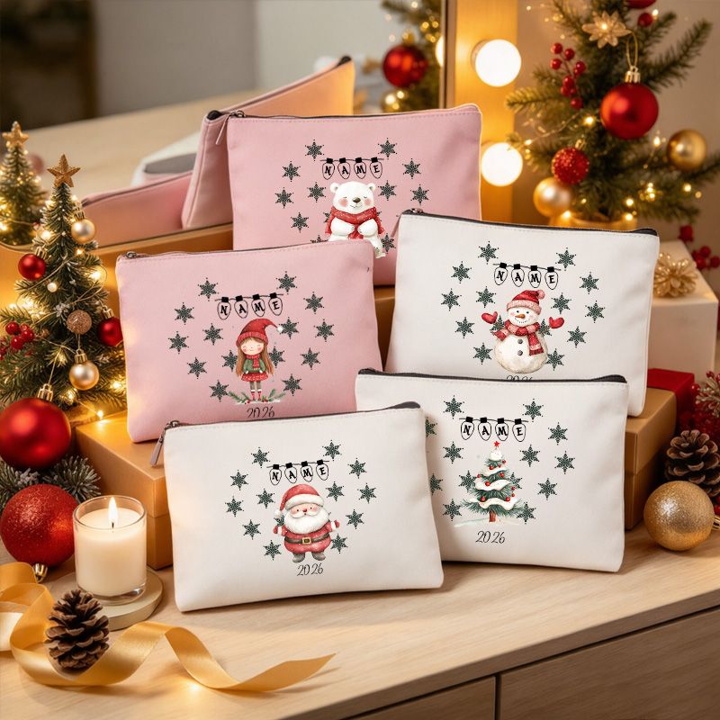 Personalized Christmas Pouch 2026, Santa Snowman Polar Bear Zippered Cosmetic Bag, Custom Name Holiday Gift, White or Pink Makeup Organizer