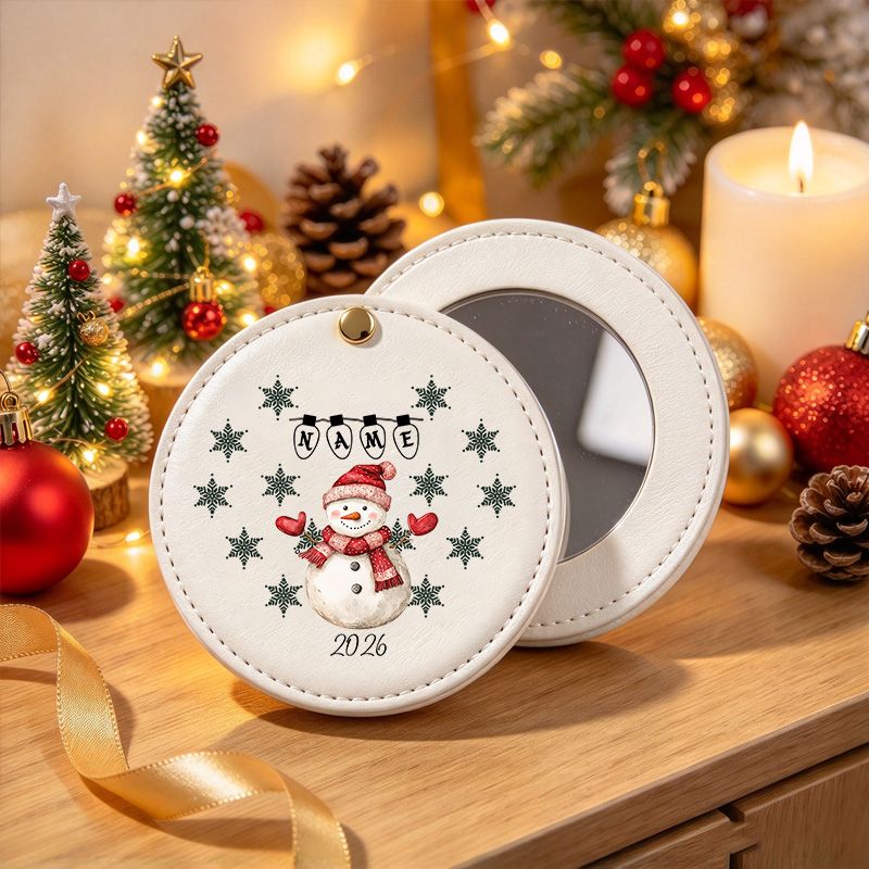 Personalized Snowman Name Compact Mirror 2026, Custom Christmas Snowman with Hearts Pocket Mirror, Round Travel Makeup Mirror, Winter Holiday Gift for Her