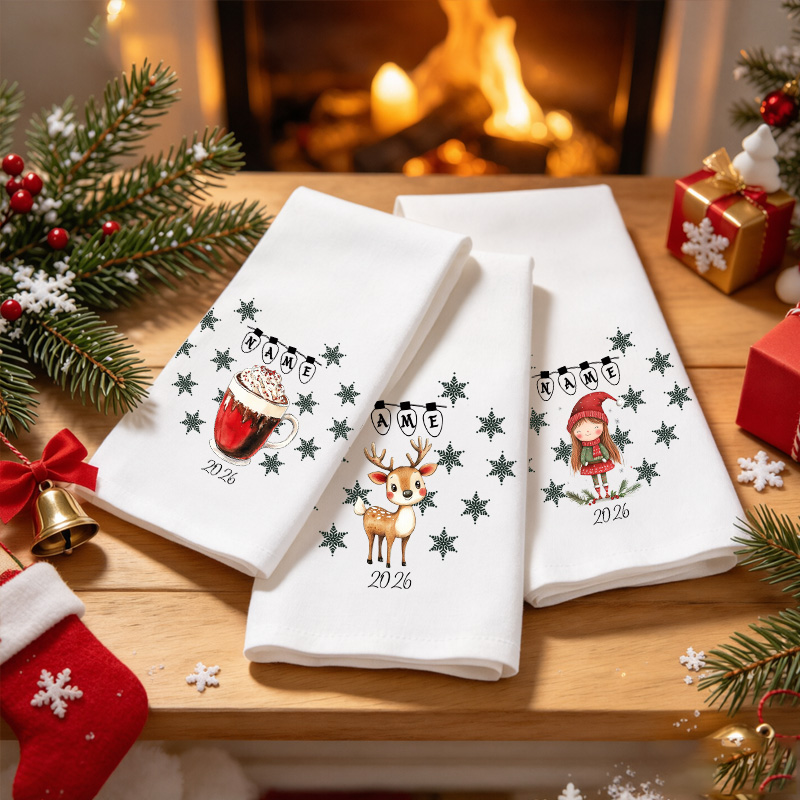 Personalized 2026 Christmas Cloth Napkins, Reindeer Elf Hot Cocoa Snowflake Designs, Custom Name Holiday Kitchen Towels, Winter Hostess Gift