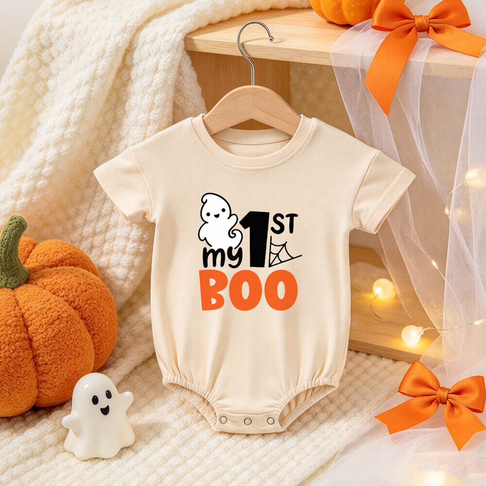 My 1st Halloween Ghost Bodysuit, First Halloween Baby Outfit, Boo Ghost & Spiderweb Bodysuit, Baby's First Halloween, Cream Short Sleeve