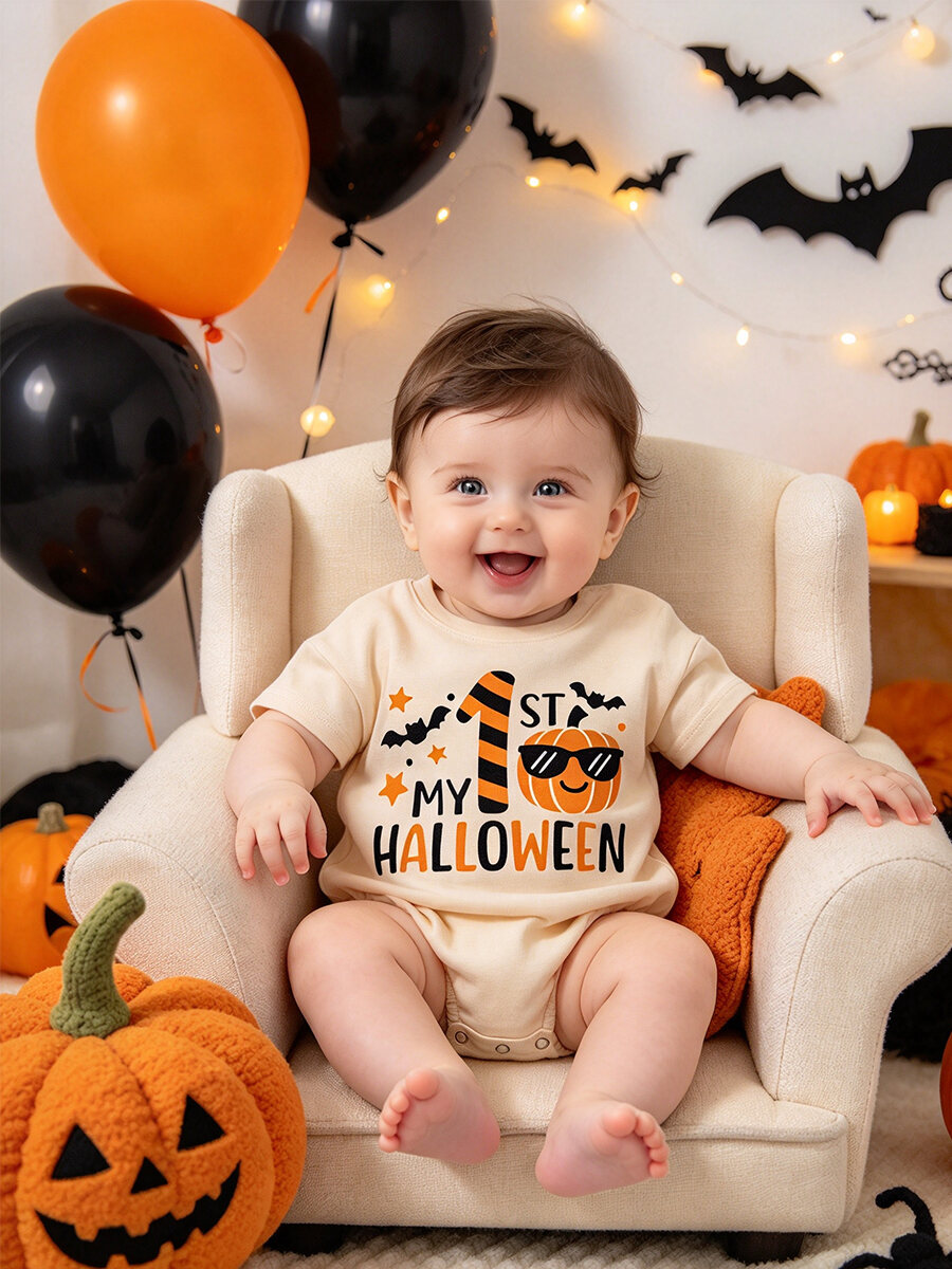 1st My Halloween Baby Bodysuit, First Halloween Outfit, Pumpkin with Sunglasses, Bats and Stars Print, Baby Shower Gift, Infant Holiday Bodysuit