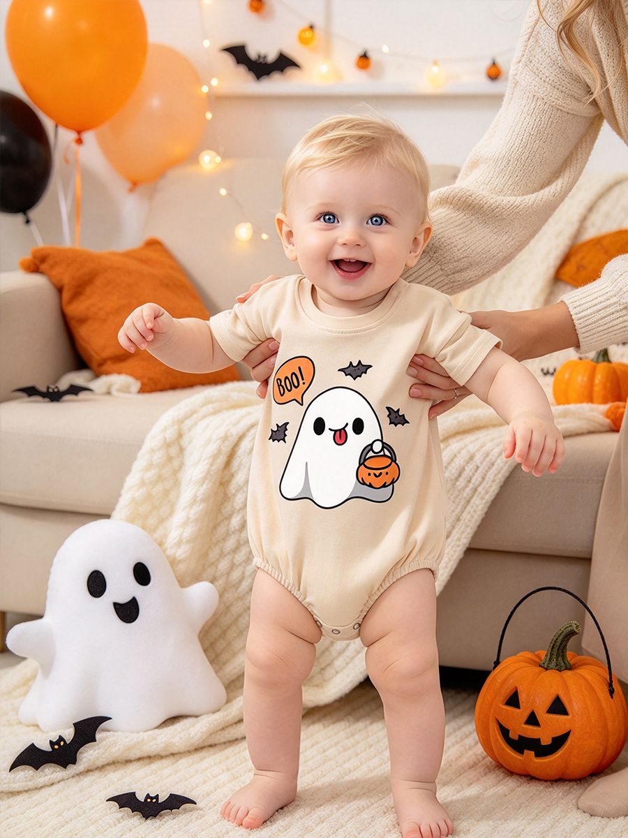 Halloween Ghost Baby Bodysuit, Boo Ghost with Pumpkin Bucket, Beige Short Sleeve Bodysuit, Cute Spooky Bat Print Outfit for Baby