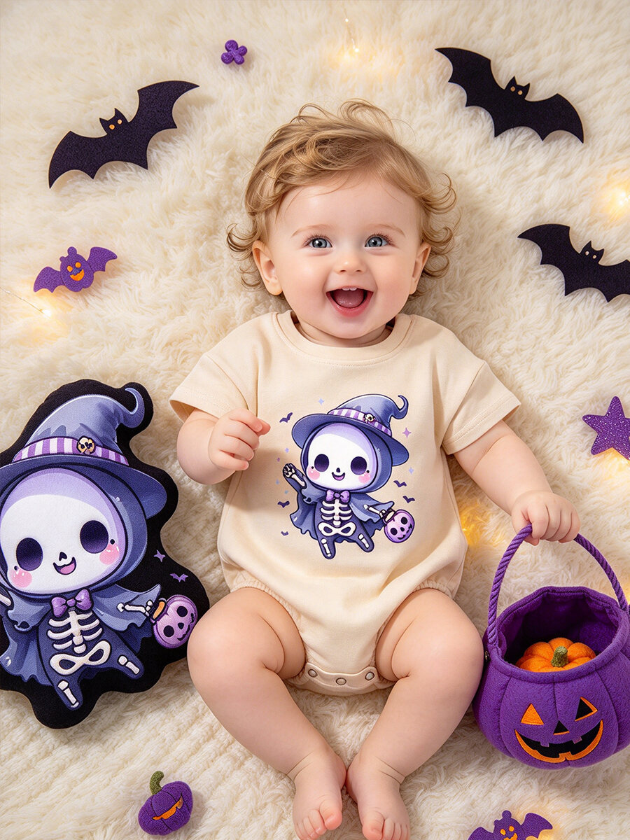 Halloween Skeleton Witch Baby Bodysuit, Purple Witch Hat Skeleton Print, Light Beige Short Sleeve Bodysuit, Cute Halloween Outfit for Baby