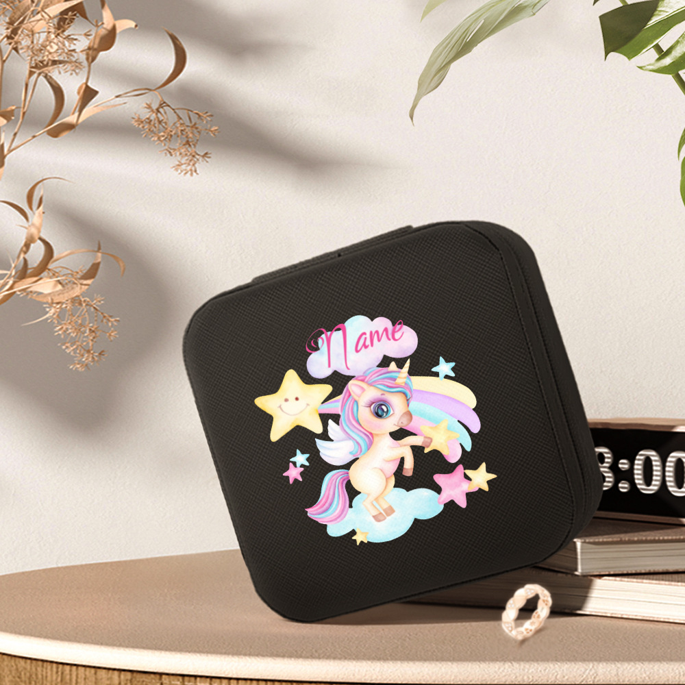 Unicorn Pencil Case, Cartoon Unicorn on Cloud Zipper Pouch, Stars and Pink Name Cloud Design, Kids School Stationery Bag