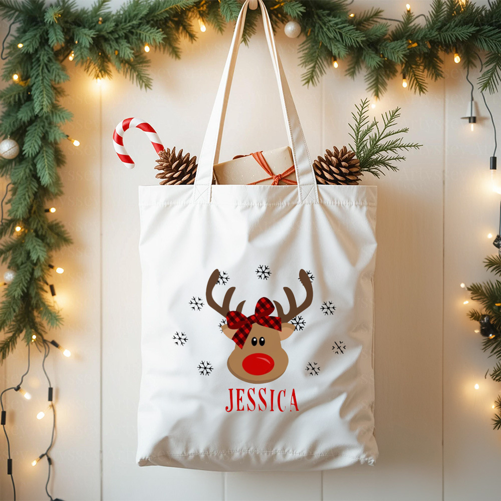 Reindeer Face Christmas Tote Bag, Red Nose Reindeer with Plaid Bow, Snowflakes and Custom Name Print, Holiday Shopping Bag for Christmas