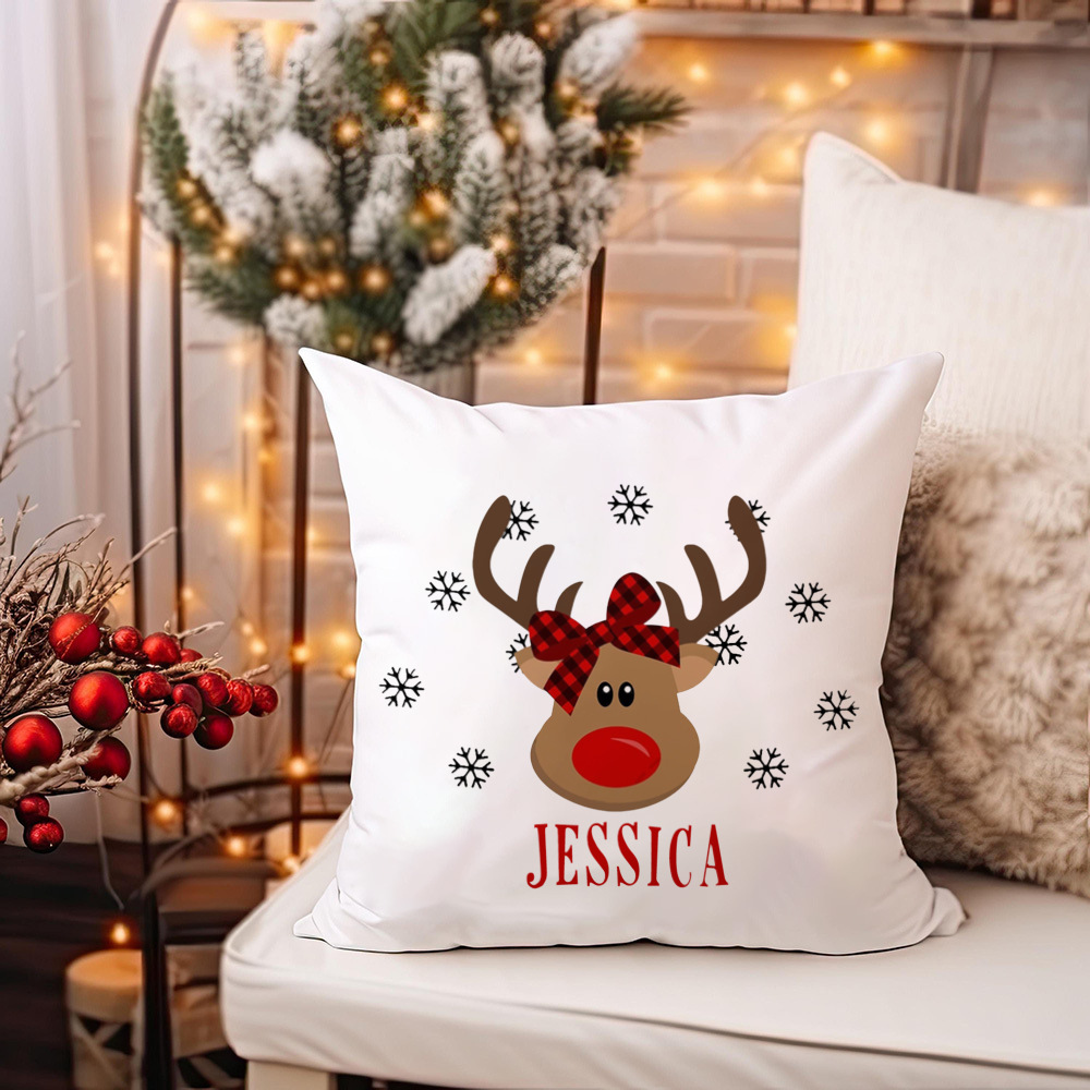 Reindeer Face Christmas Pillow, Plaid Bow Reindeer with Red Nose, Snowflake Holiday Decor, Custom Name JESSICA Print
