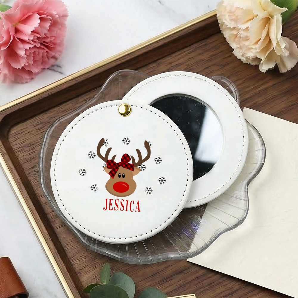 Reindeer Christmas Personal Mirror with Name, Plaid Bow Red Nose Design, Snowflake Round Compact Mirror for Holiday Stocking Stuffer