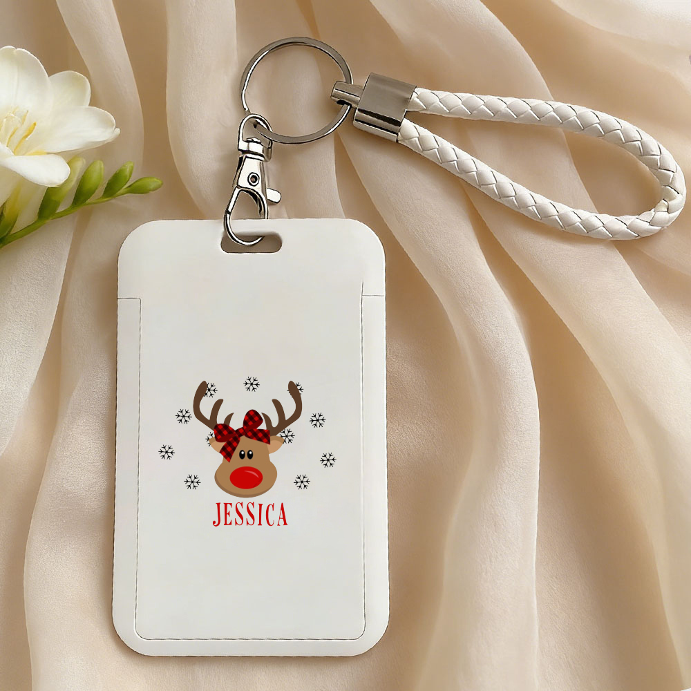 Reindeer with Plaid Bow Christmas Card Holder, White Braided Strap Wallet, Personalized Name JESSICA, Snowflake Holiday Gift, Festive Card Case