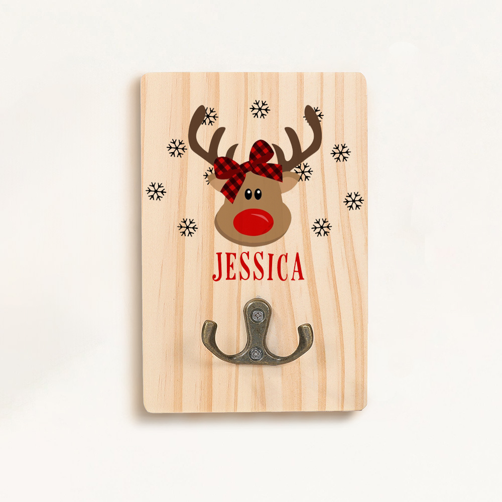 Reindeer Face Christmas Name Board with Snowflakes, Personalized-Look Wooden Wall Hook, JESSICA Name Plaque, Holiday Decor for Her