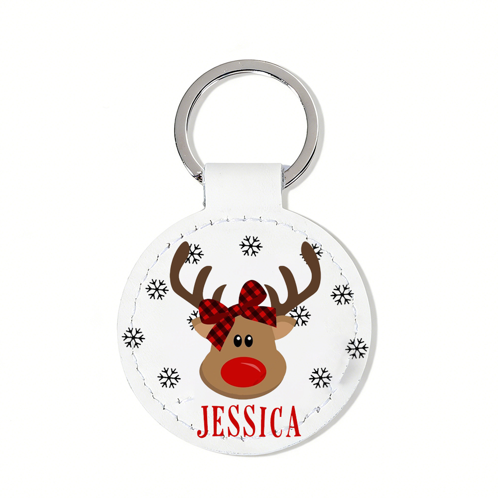 Reindeer Keychain with Red Nose and Plaid Bow, Personalized Christmas Name JESSICA, White Round Holiday Keyring, Snowflake Design, Custom Name Keepsake, Stocking Stuffer Gift