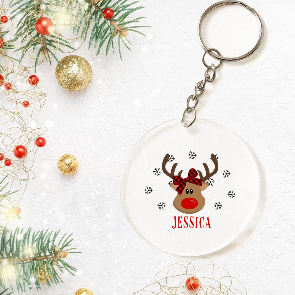 Christmas  Reindeer pesonalize name custom print Acrylic Keychain christmas bag charm gift
