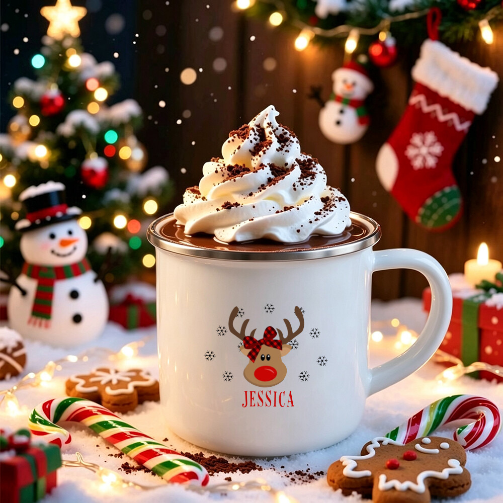 Personalized name Christmas Reindeer Enamel Mug gift camping hiking cup