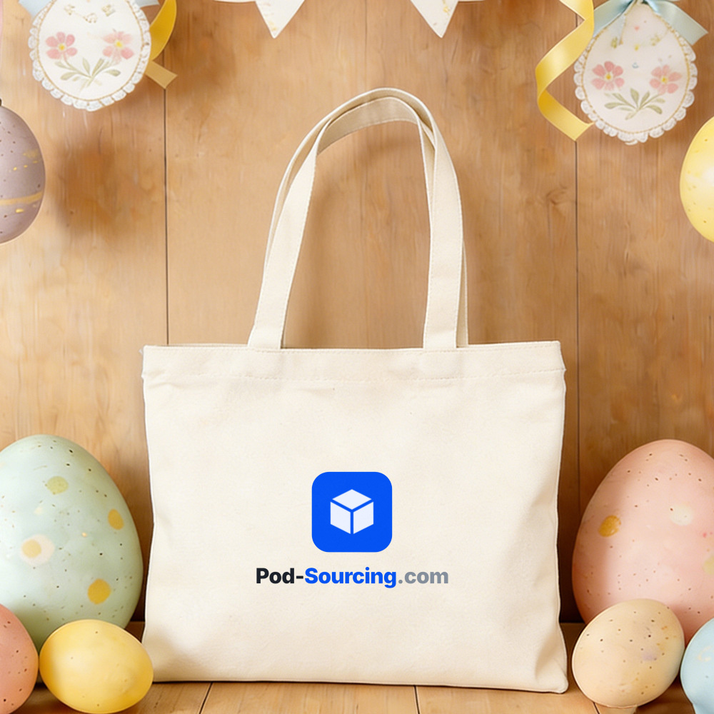 Pod-Sourcing.com Logo Easter Tote Bag, Blue Open-Box Corporate Tote, Off-White Canvas-Style Shopper with Two Handles, Easter Promo Giveaway Bag
