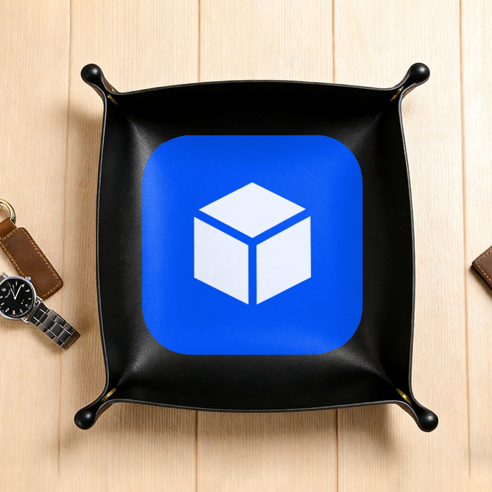 branded merchandise Logo Leather Tray, Blue Square Desk Valet Tray, Modern Office Catchall, Corporate Gift Desk Organizer, Black Rounded Corner Tray
