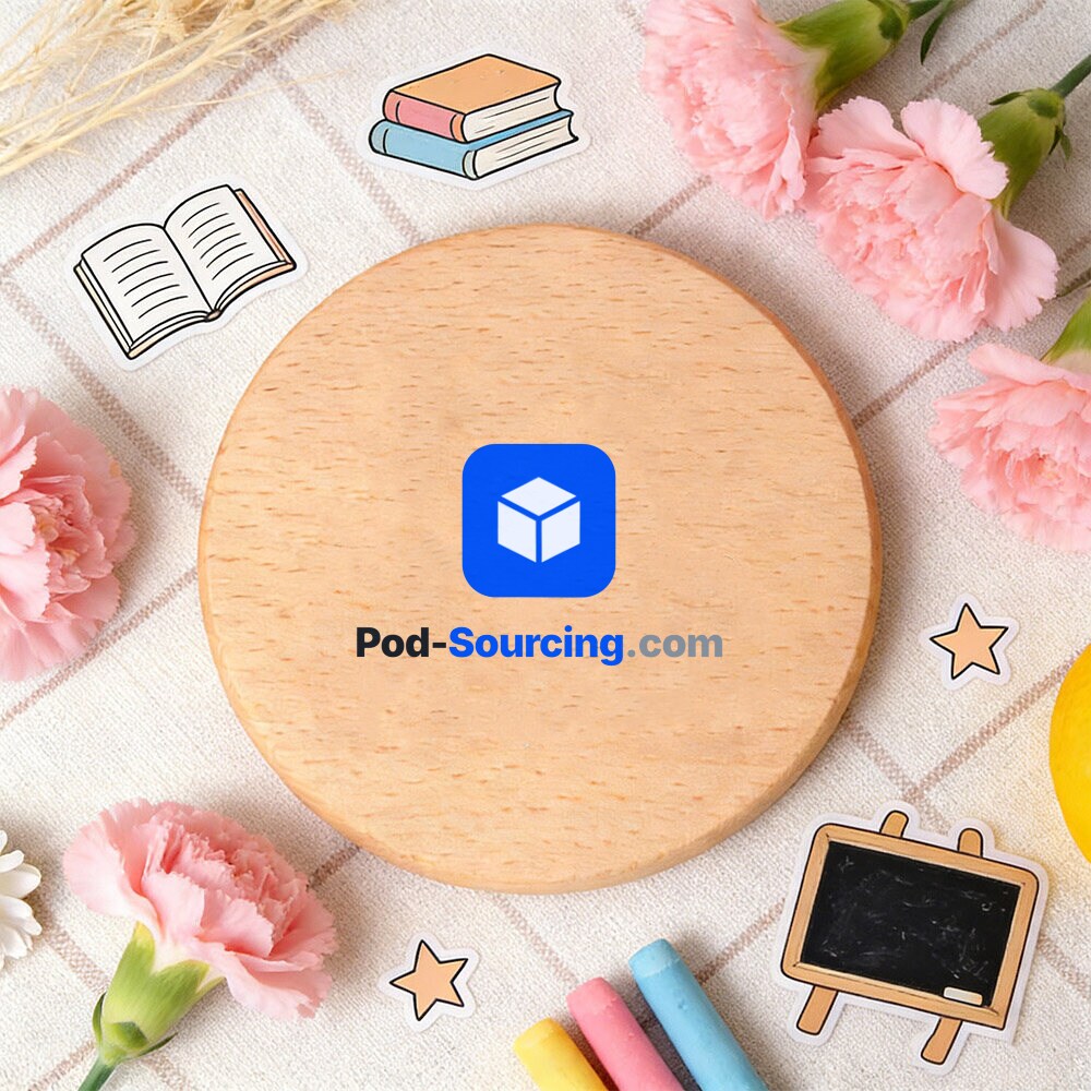 branch school icon Logo custom print ads gift Wooden Disc Coaster, Corporate Desk Decor with Books Stars and Chalkboard, Office Gift for Colleagues