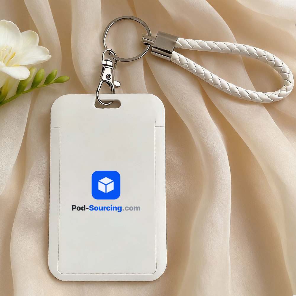 Pod-Sourcing.com Logo Card Holder, White Rectangular Badge Holder with Metal Clip and Braided Loop Strap, Corporate Event ID Card Case