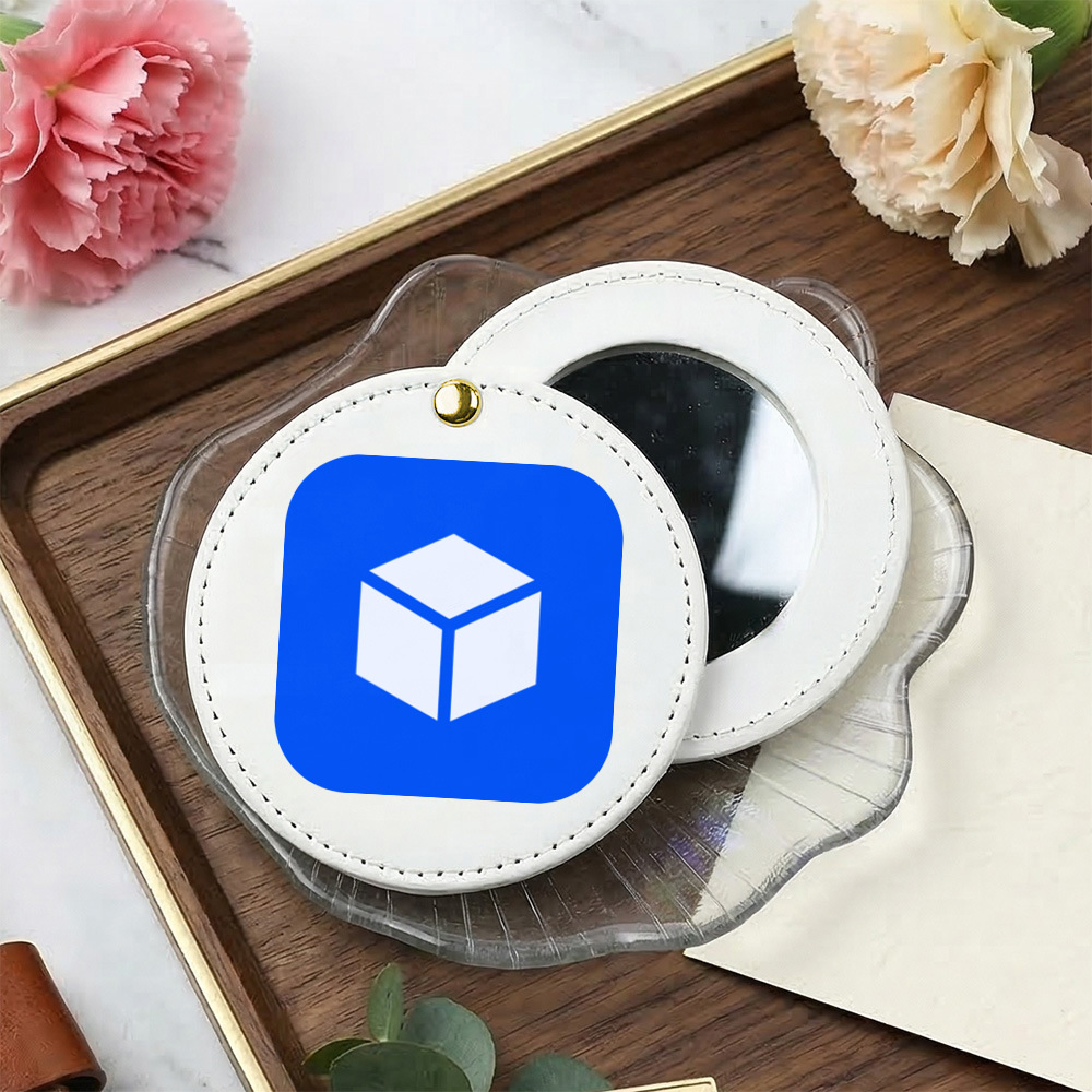 Blue Cube Icon Compact Mirror, Round White Pocket Mirror with Gold Stud, Geometric Cube Design Purse Mirror for Office and Travel