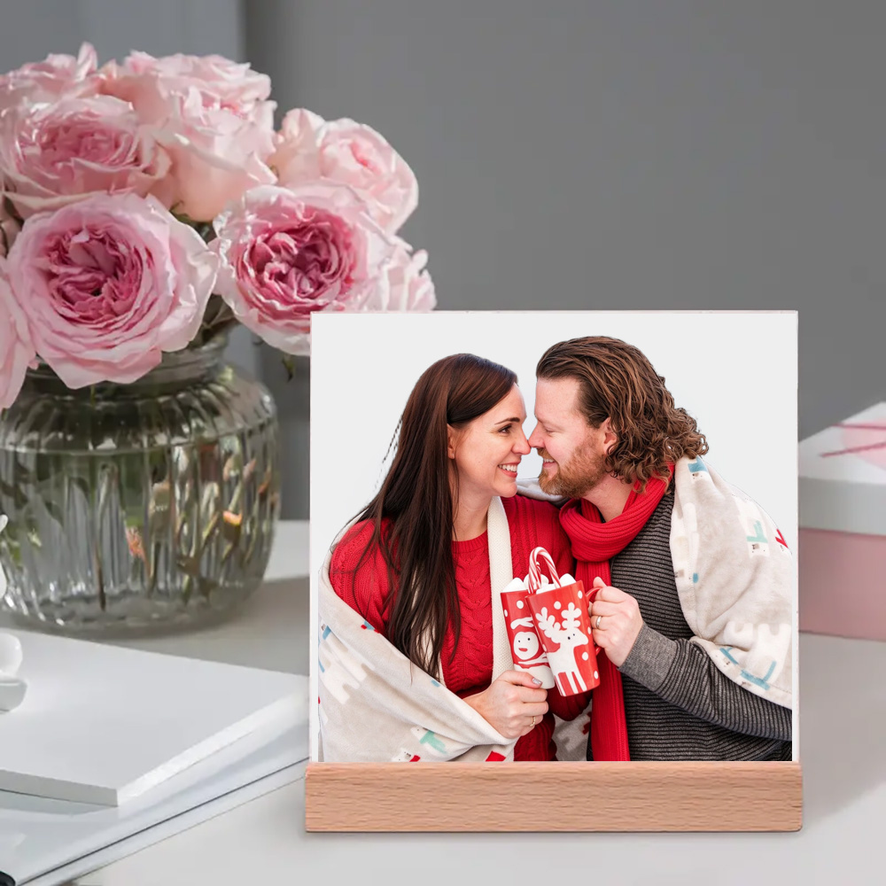 personalized photo wood plaque desk decor Photo Wood Plaque Desk Decor with Ceramic Coaster couple gift