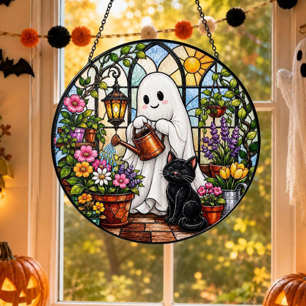 A539 19cm Halloween Christmas Shaped Acrylic Window Hanging Ornament with 50cm Hook Chain